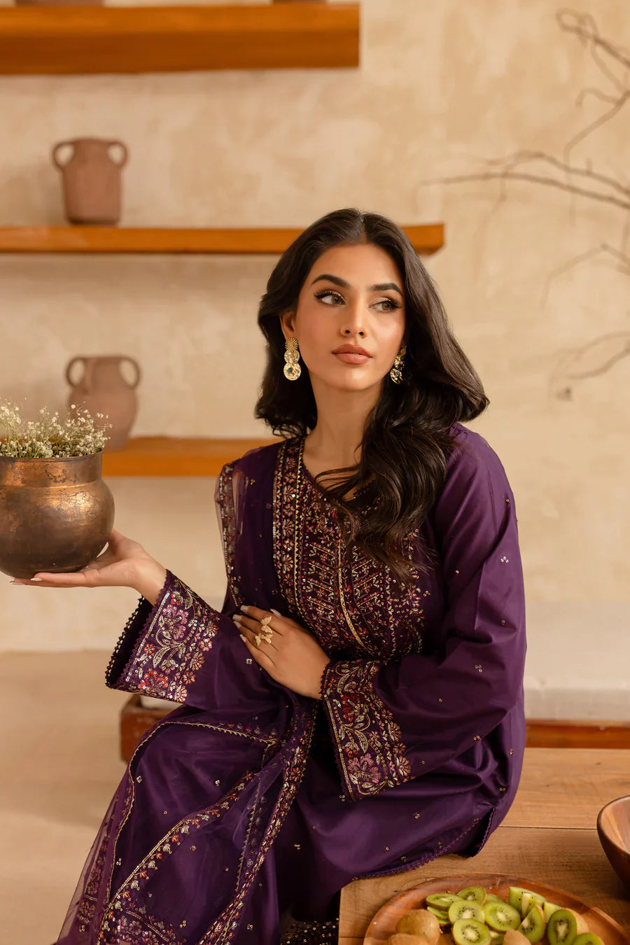 Royal Plum - 3 PC Embroidered Dress