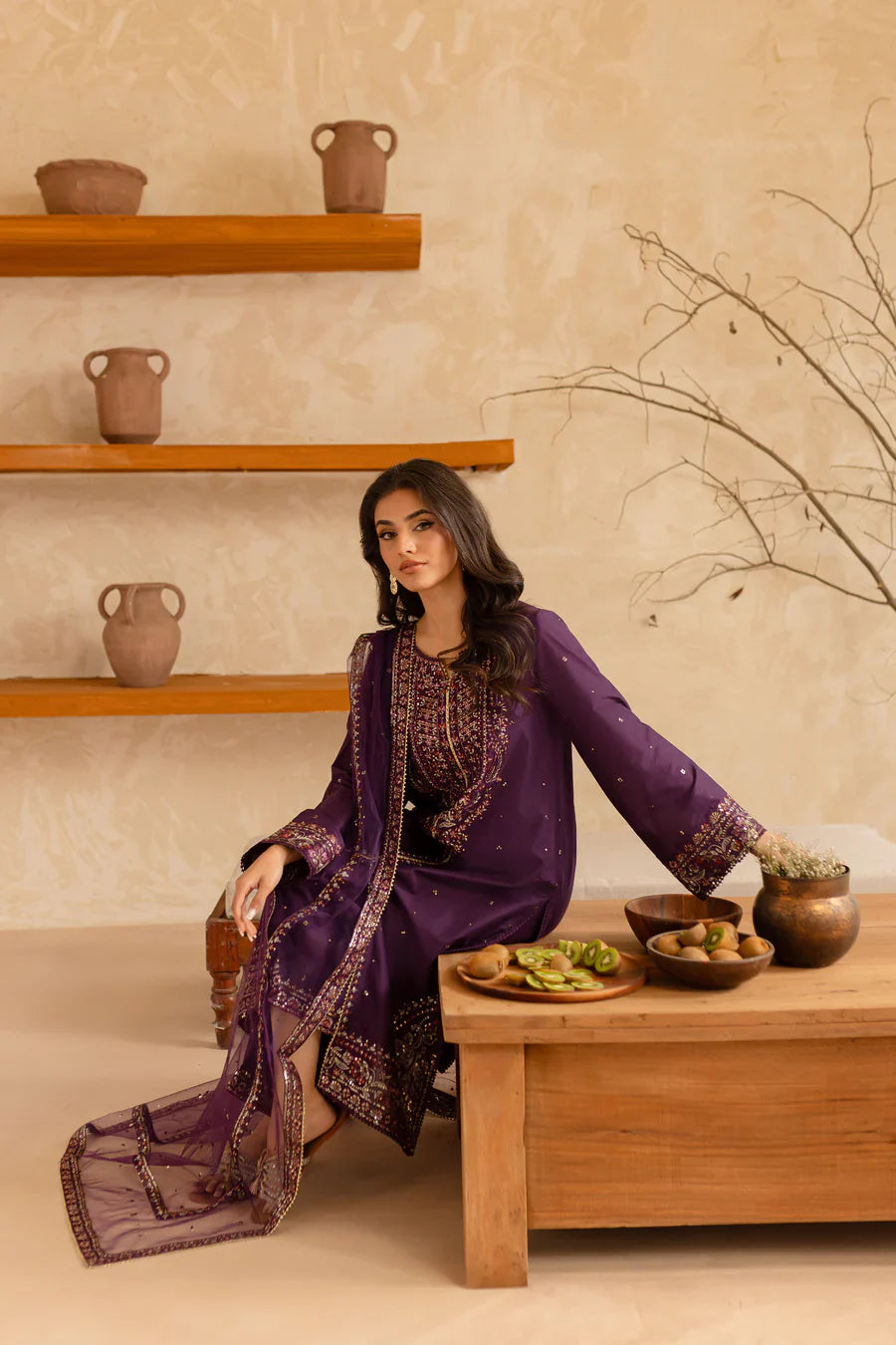 Royal Plum - 3 PC Embroidered Dress